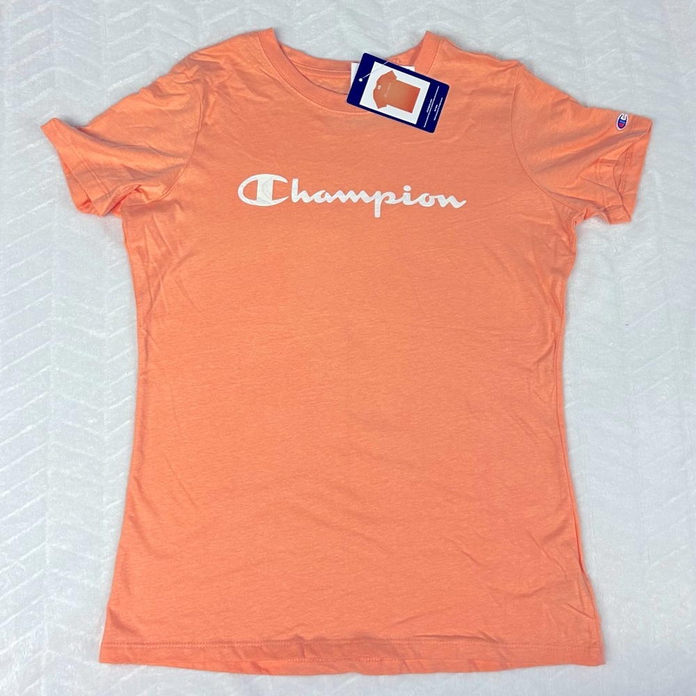 Women’s Champion t-shirt size small, peach iridescent logo